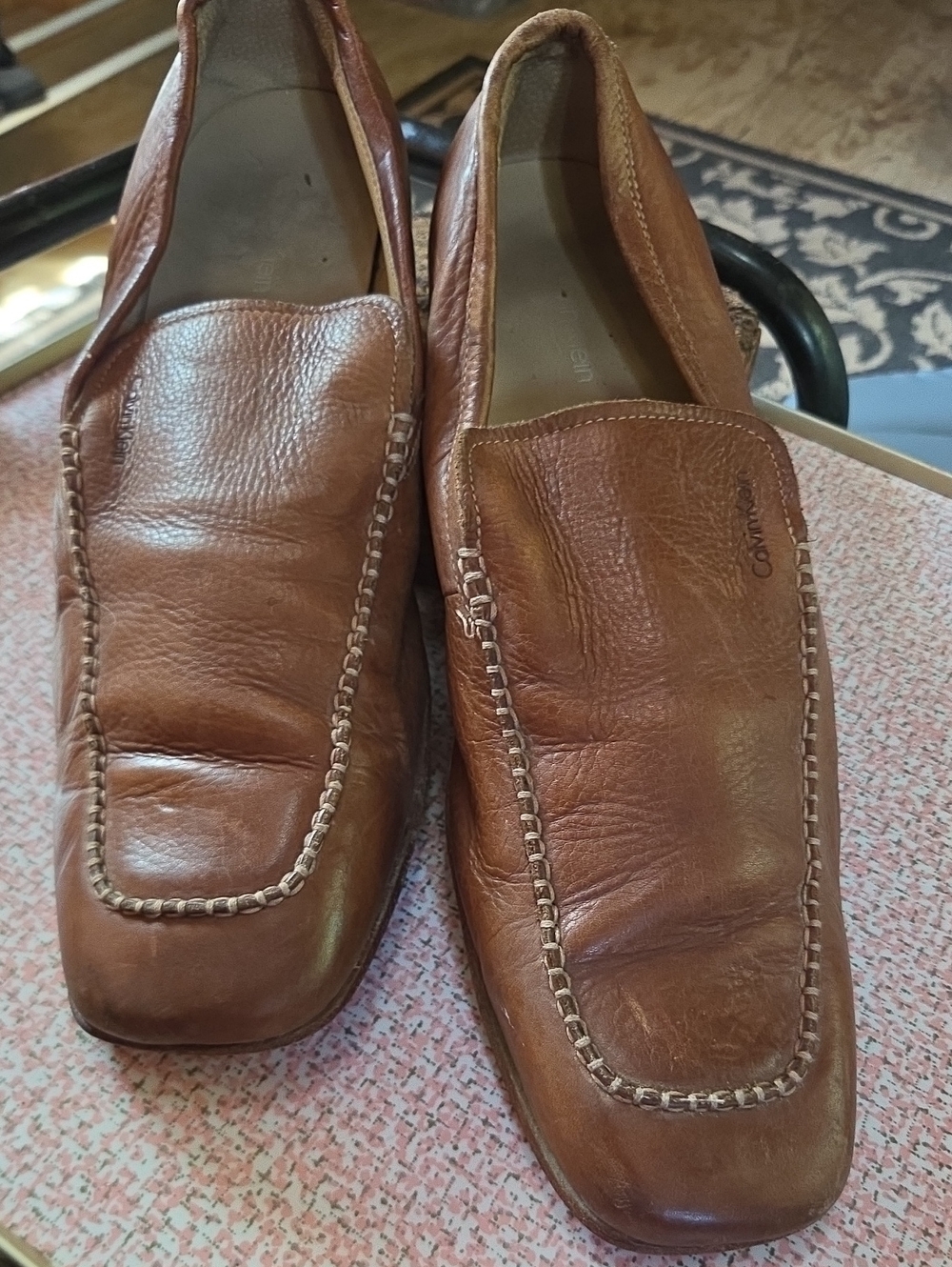 Calvin Klein Men's Leather Loafers Cognac Brown Slip On Shoes Size 12 M